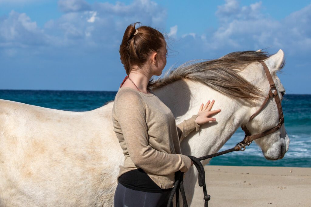 Lady and horse looking out to sea