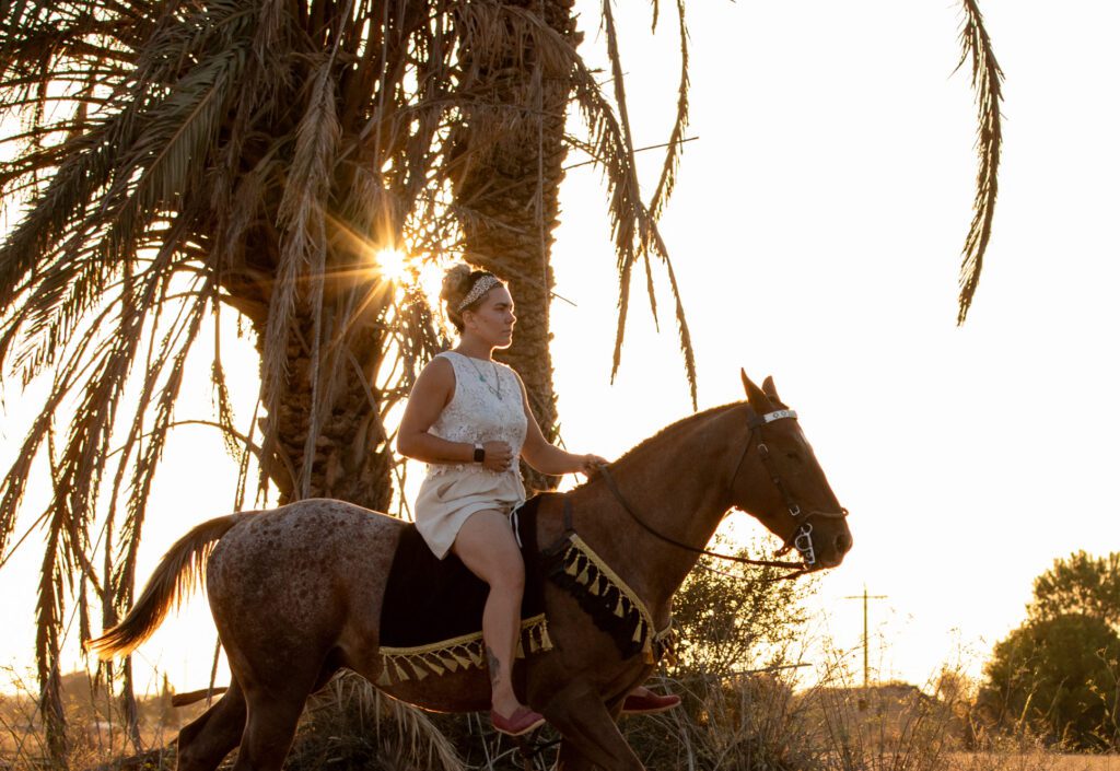 girl horse palm tree sunset